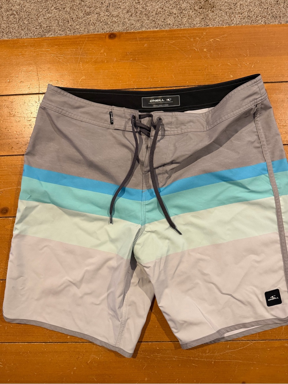 O'Neill Men's Gray Board Shorts with Aqua and Mint Chevron Stripes